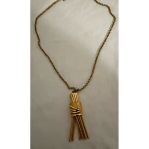 VTG‎ Signed Monet ArtDeco GoldTone Mixed Texture Drop Pendant Chain Necklace